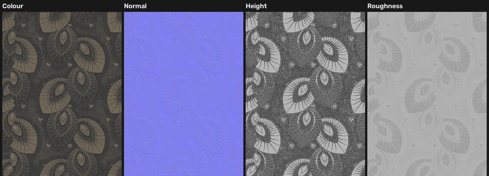 The exported maps of the deco-fan embroidery: Colour, Normal, Height and Roughness