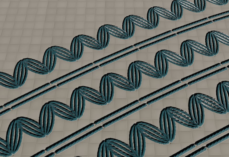 Machine zigzag stitches following a curved row: each stitch is a bundle of twisted strands that sinks into its needle hole, rendered in Blender Cycles