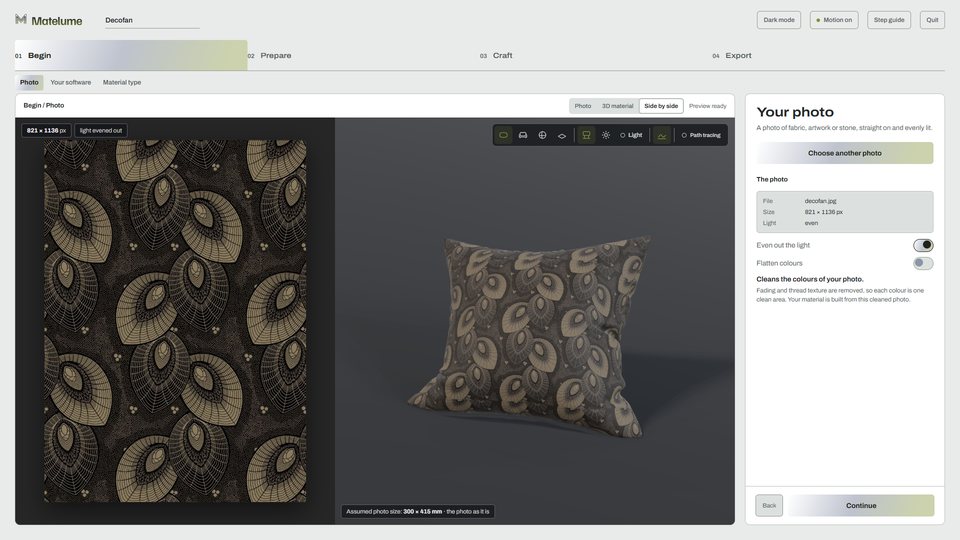 Matelume Studio, Begin step: the deco-fan embroidery photo loaded beside a 3D cushion preview