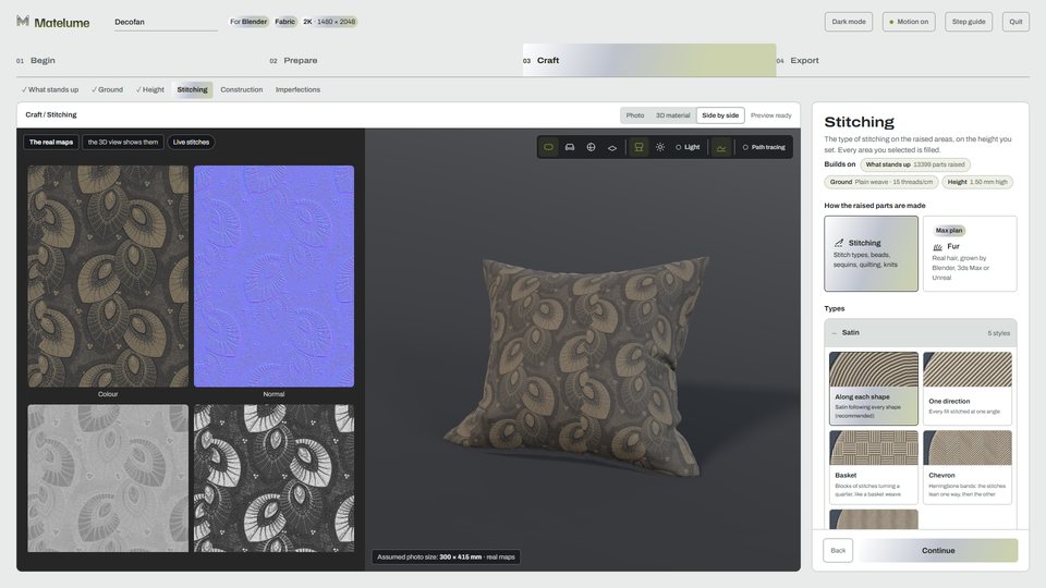 Matelume Studio, Craft step: stitching, with the Color, Normal and Height maps beside the cushion in 3D