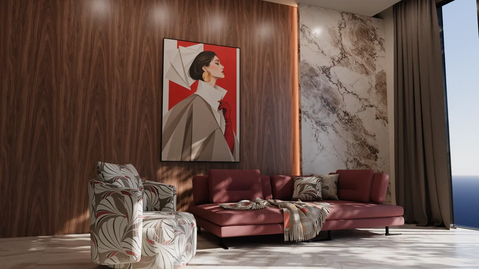 Walnut wall made from a single veneer image in Matelume, rendered in Blender Cycles